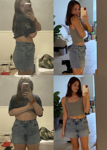 A progress pic of a 5'3" woman showing a fat loss from 180 pounds to 128 pounds. A total loss of 52 pounds.