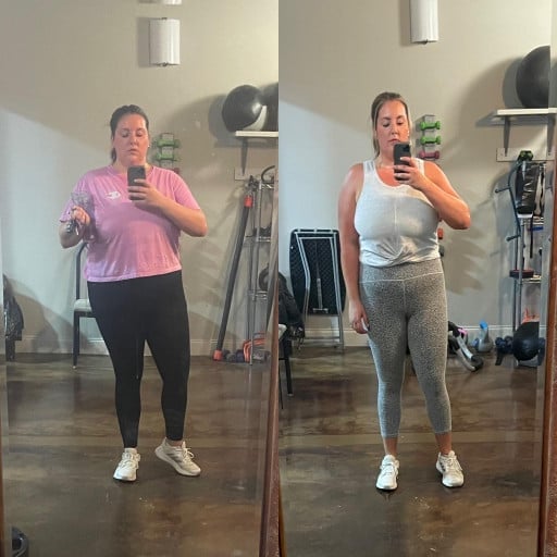 A before and after photo of a 5'9" female showing a weight reduction from 260 pounds to 240 pounds. A respectable loss of 20 pounds.