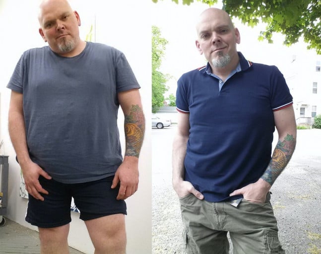 A picture of a 5'8" male showing a weight loss from 310 pounds to 204 pounds. A respectable loss of 106 pounds.