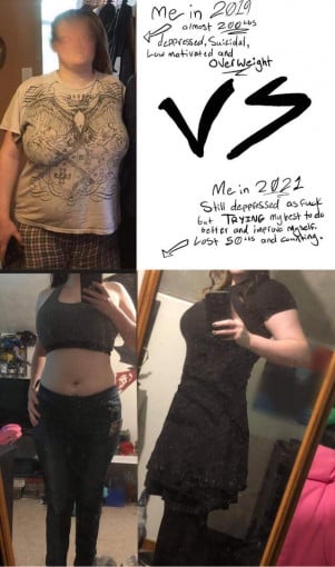 A before and after photo of a 5'2" female showing a weight reduction from 200 pounds to 149 pounds. A total loss of 51 pounds.