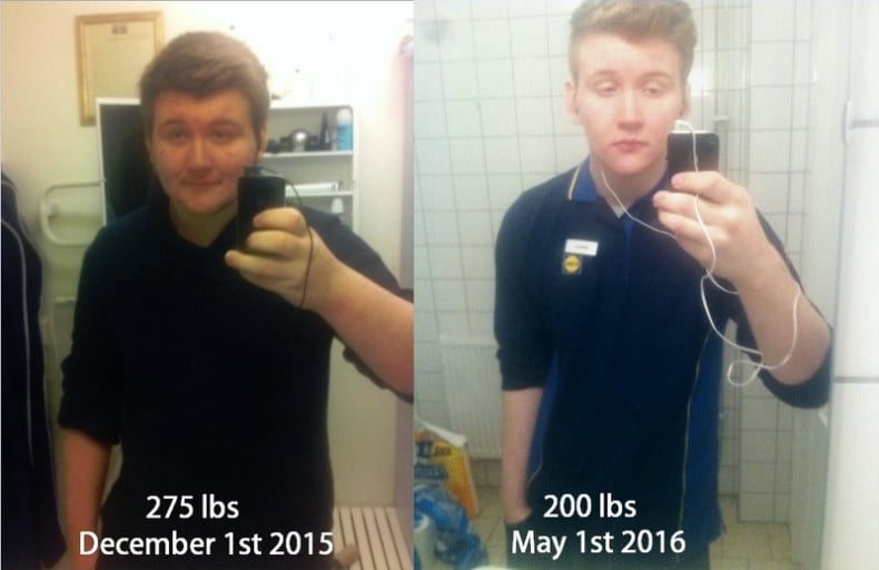 A progress pic of a 6'2" man showing a fat loss from 275 pounds to 199 pounds. A net loss of 76 pounds.