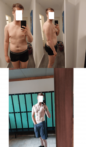 A progress pic of a 6'3" man showing a fat loss from 221 pounds to 180 pounds. A total loss of 41 pounds.