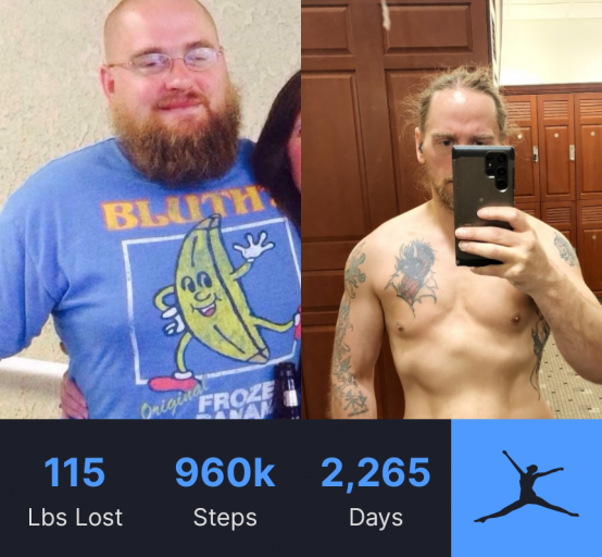 Before and After 115 lbs Fat Loss 5 foot 6 Male 270 lbs to 155 lbs