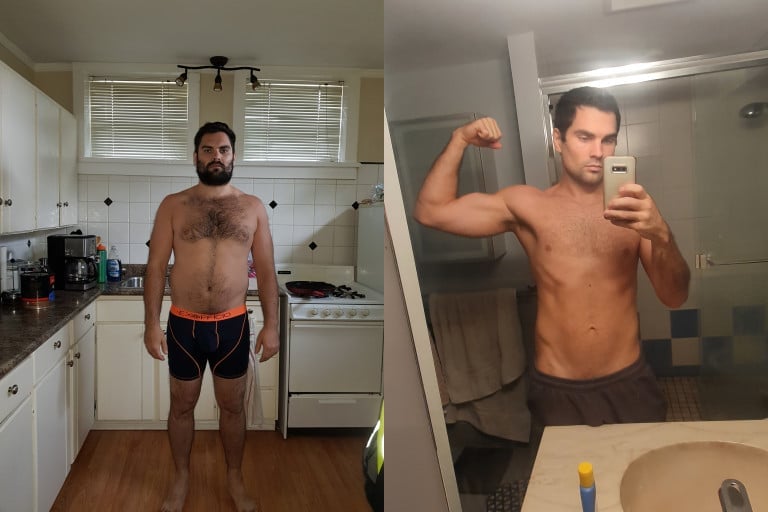 A before and after photo of a 5'11" male showing a weight reduction from 218 pounds to 175 pounds. A total loss of 43 pounds.
