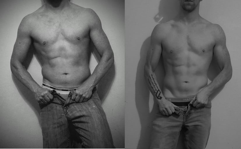 A before and after photo of a 5'10" male showing a weight reduction from 160 pounds to 149 pounds. A respectable loss of 11 pounds.