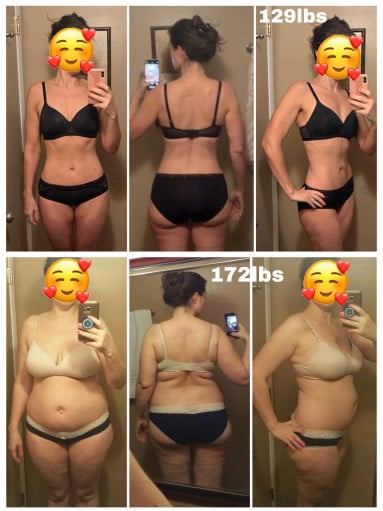 A before and after photo of a 5'6" female showing a weight reduction from 172 pounds to 129 pounds. A total loss of 43 pounds.