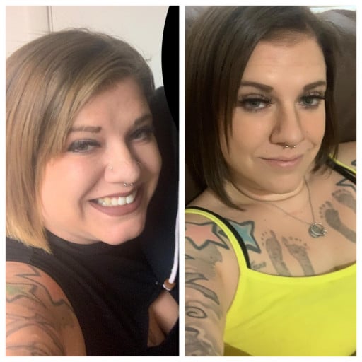 A before and after photo of a 5'3" female showing a weight reduction from 297 pounds to 194 pounds. A net loss of 103 pounds.