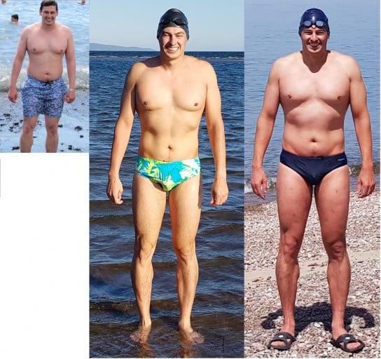 A progress pic of a 6'1" man showing a fat loss from 230 pounds to 195 pounds. A respectable loss of 35 pounds.