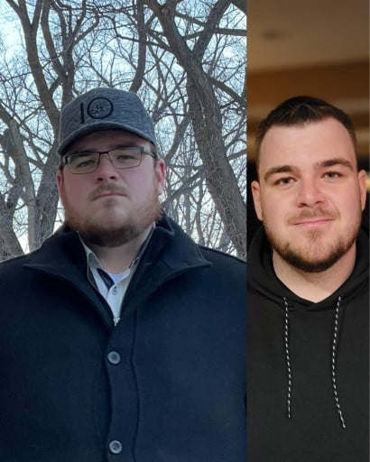 A progress pic of a 5'11" man showing a fat loss from 357 pounds to 300 pounds. A total loss of 57 pounds.