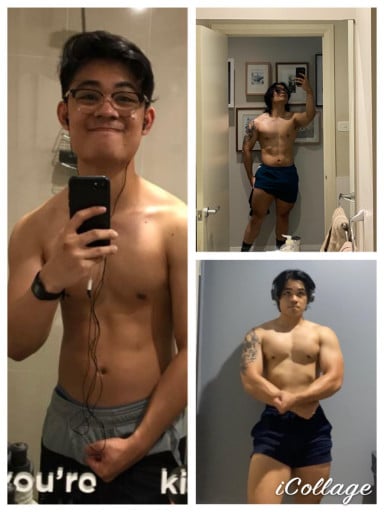Before and After 35 lbs Muscle Gain 5 feet 7 Male 130 lbs to 165 lbs