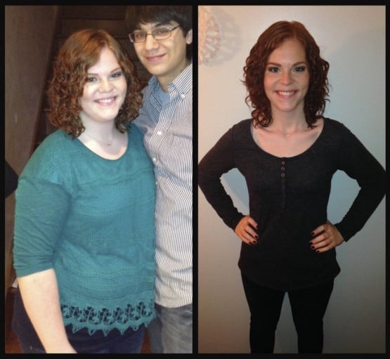 A picture of a 5'5" female showing a weight cut from 221 pounds to 130 pounds. A net loss of 91 pounds.