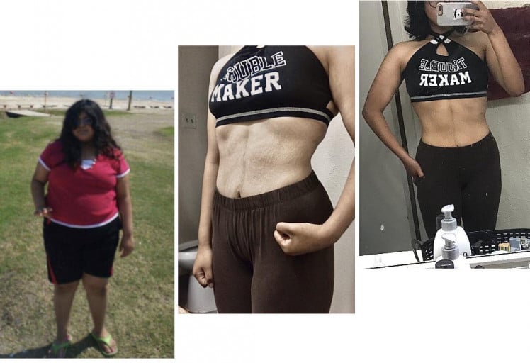 A picture of a 5'1" female showing a weight loss from 223 pounds to 121 pounds. A net loss of 102 pounds.