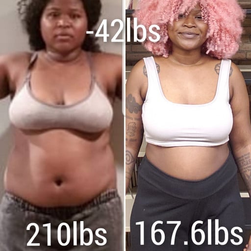 A photo of a 5'7" woman showing a weight cut from 210 pounds to 165 pounds. A respectable loss of 45 pounds.