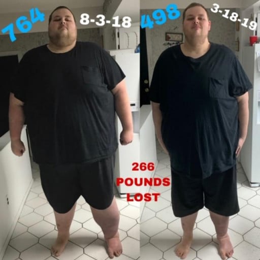A before and after photo of a 6'8" male showing a weight reduction from 764 pounds to 498 pounds. A total loss of 266 pounds.