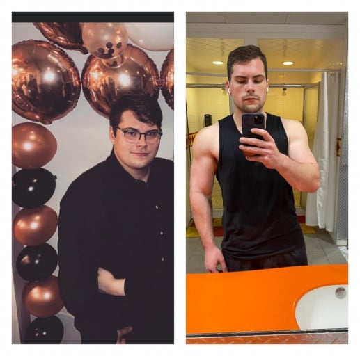 A progress pic of a 5'11" man showing a fat loss from 272 pounds to 198 pounds. A respectable loss of 74 pounds.