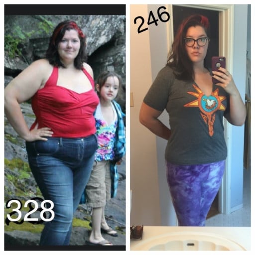 A photo of a 6'4" woman showing a weight cut from 330 pounds to 246 pounds. A total loss of 84 pounds.