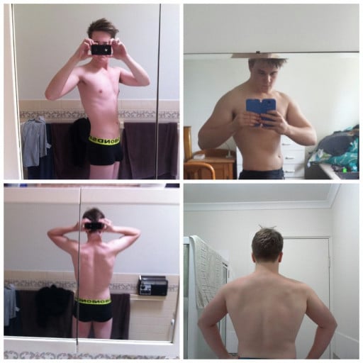 A before and after photo of a 6'1" male showing a weight bulk from 140 pounds to 190 pounds. A respectable gain of 50 pounds.