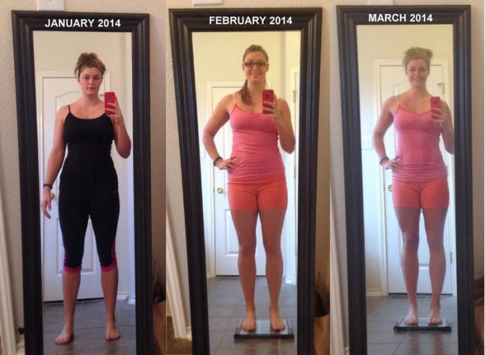 A progress pic of a 5'5" woman showing a fat loss from 168 pounds to 156 pounds. A respectable loss of 12 pounds.