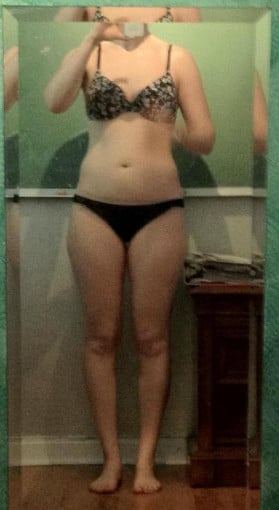 A before and after photo of a 5'6" female showing a snapshot of 135 pounds at a height of 5'6