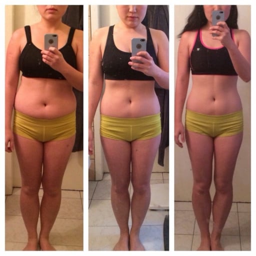 A picture of a 5'2" female showing a weight loss from 135 pounds to 117 pounds. A net loss of 18 pounds.