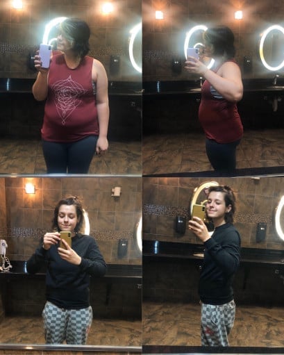 A photo of a 5'6" woman showing a weight cut from 190 pounds to 135 pounds. A net loss of 55 pounds.