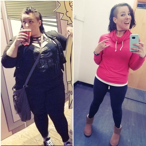 Before and After 100 lbs Fat Loss 5 feet 8 Female 282 lbs to 182 lbs