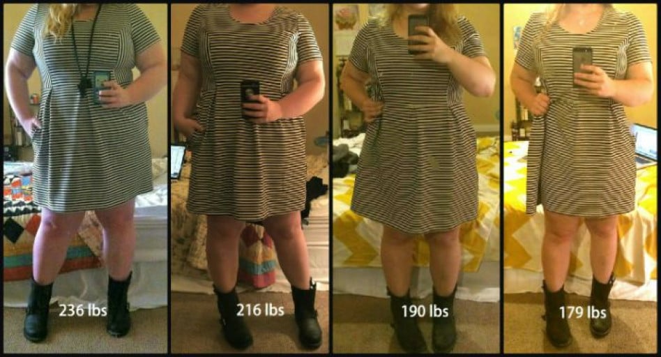 A picture of a 5'4" female showing a weight reduction from 236 pounds to 179 pounds. A respectable loss of 57 pounds.