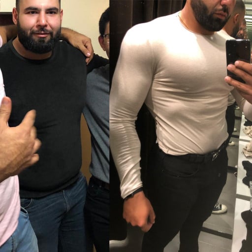 6 foot 1 Male Before and After 67 lbs Fat Loss 320 lbs to 253 lbs