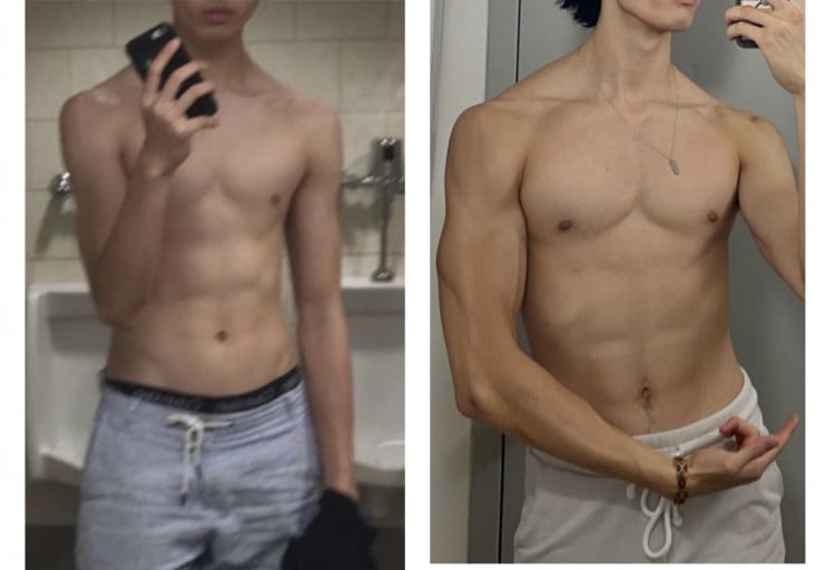 A before and after photo of a 6'3" male showing a weight bulk from 145 pounds to 175 pounds. A total gain of 30 pounds.