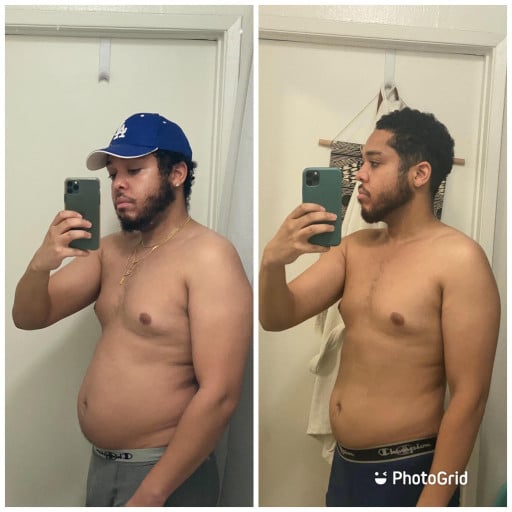 A picture of a 6'0" male showing a weight loss from 210 pounds to 178 pounds. A total loss of 32 pounds.