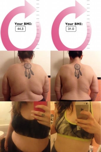 A picture of a 5'3" female showing a weight loss from 250 pounds to 175 pounds. A total loss of 75 pounds.