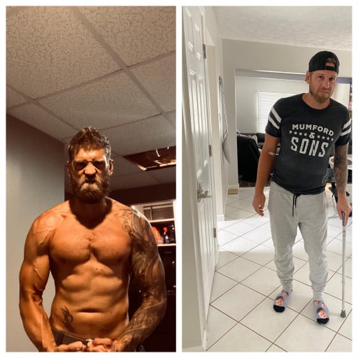 A photo of a 5'10" man showing a weight cut from 210 pounds to 174 pounds. A net loss of 36 pounds.