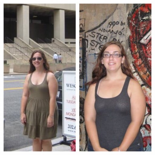 A picture of a 5'6" female showing a fat loss from 220 pounds to 155 pounds. A total loss of 65 pounds.