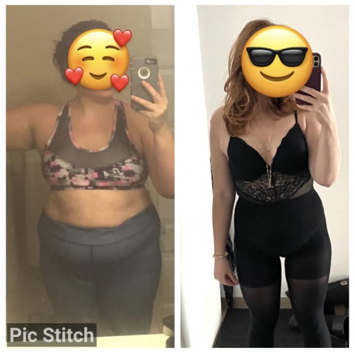 A progress pic of a 5'3" woman showing a fat loss from 200 pounds to 135 pounds. A respectable loss of 65 pounds.