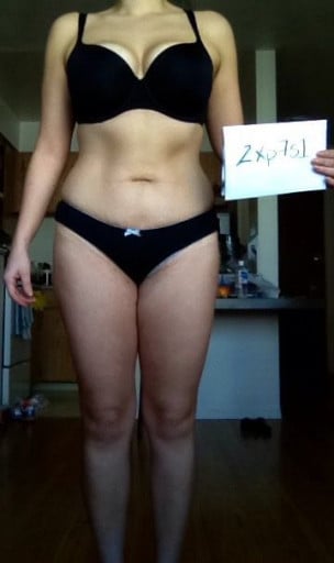 A before and after photo of a 5'6" female showing a snapshot of 158 pounds at a height of 5'6