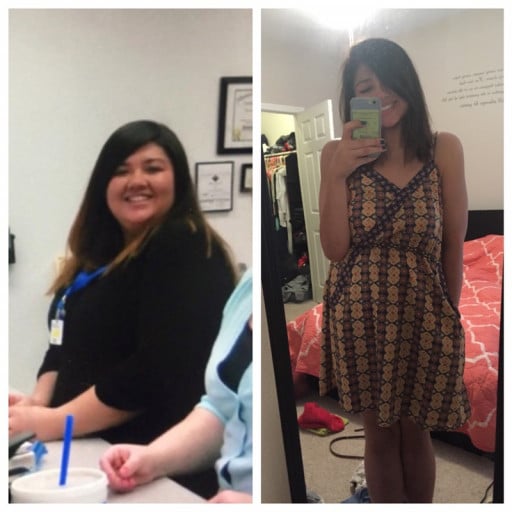 A progress pic of a 5'7" woman showing a fat loss from 289 pounds to 164 pounds. A total loss of 125 pounds.