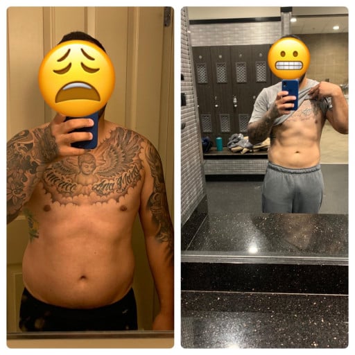 A before and after photo of a 5'7" male showing a weight reduction from 198 pounds to 175 pounds. A total loss of 23 pounds.