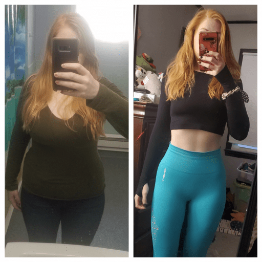 A before and after photo of a 5'5" female showing a weight reduction from 182 pounds to 128 pounds. A respectable loss of 54 pounds.