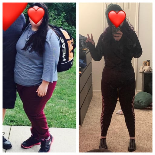 A progress pic of a 5'4" woman showing a fat loss from 298 pounds to 174 pounds. A total loss of 124 pounds.