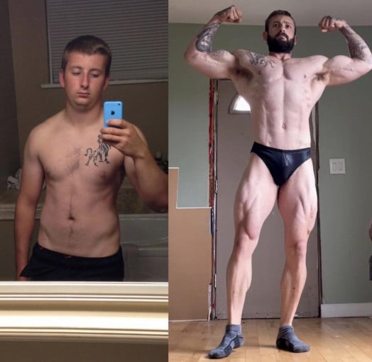 A progress pic of a 5'11" man showing a muscle gain from 170 pounds to 220 pounds. A net gain of 50 pounds.