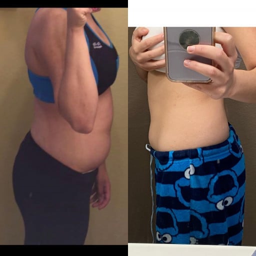 A progress pic of a 5'7" woman showing a fat loss from 155 pounds to 145 pounds. A net loss of 10 pounds.