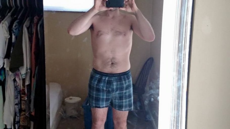 A before and after photo of a 6'2" male showing a fat loss from 223 pounds to 172 pounds. A total loss of 51 pounds.