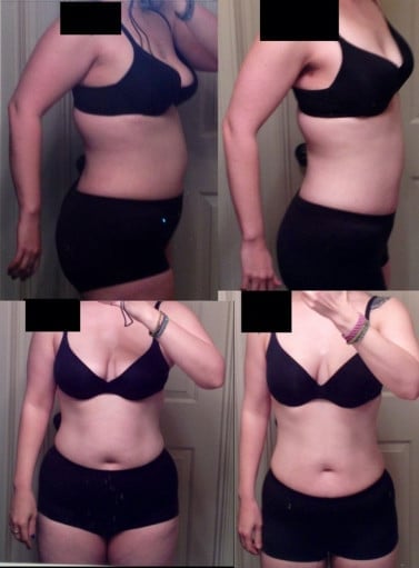 A before and after photo of a 5'10" female showing a weight reduction from 210 pounds to 180 pounds. A net loss of 30 pounds.