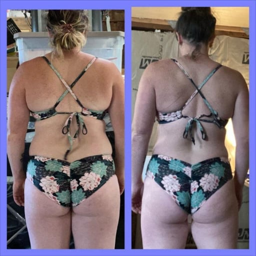 A before and after photo of a 5'3" female showing a weight reduction from 171 pounds to 162 pounds. A net loss of 9 pounds.