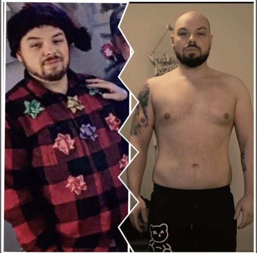 A photo of a 5'9" man showing a weight cut from 274 pounds to 214 pounds. A total loss of 60 pounds.