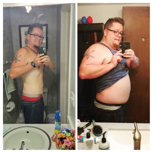 6 foot 3 Male Before and After 108 lbs Fat Loss 350 lbs to 242 lbs