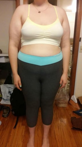 A progress pic of a 5'8" woman showing a weight loss from 240 pounds to 203 pounds. A respectable loss of 37 pounds.