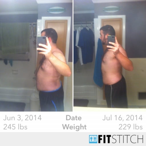 A before and after photo of a 5'11" male showing a weight cut from 245 pounds to 229 pounds. A total loss of 16 pounds.