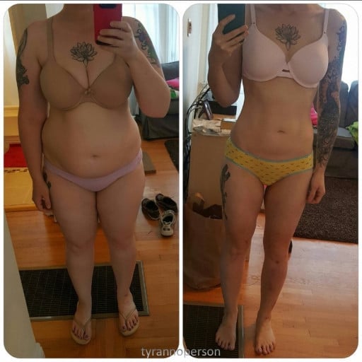 A before and after photo of a 5'6" female showing a weight reduction from 209 pounds to 137 pounds. A net loss of 72 pounds.