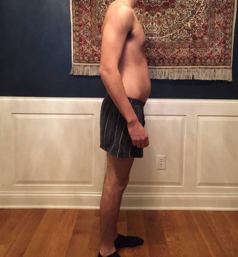 A progress pic of a 5'9" man showing a snapshot of 142 pounds at a height of 5'9